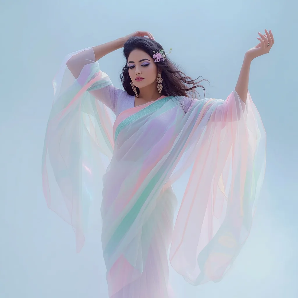 A Mystical Indian Woman in a Flowing Pastel Chiffon Saree