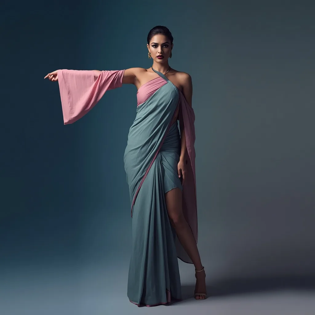 An Avant-Garde Indian Woman in a Deconstructed Pastel Saree Design