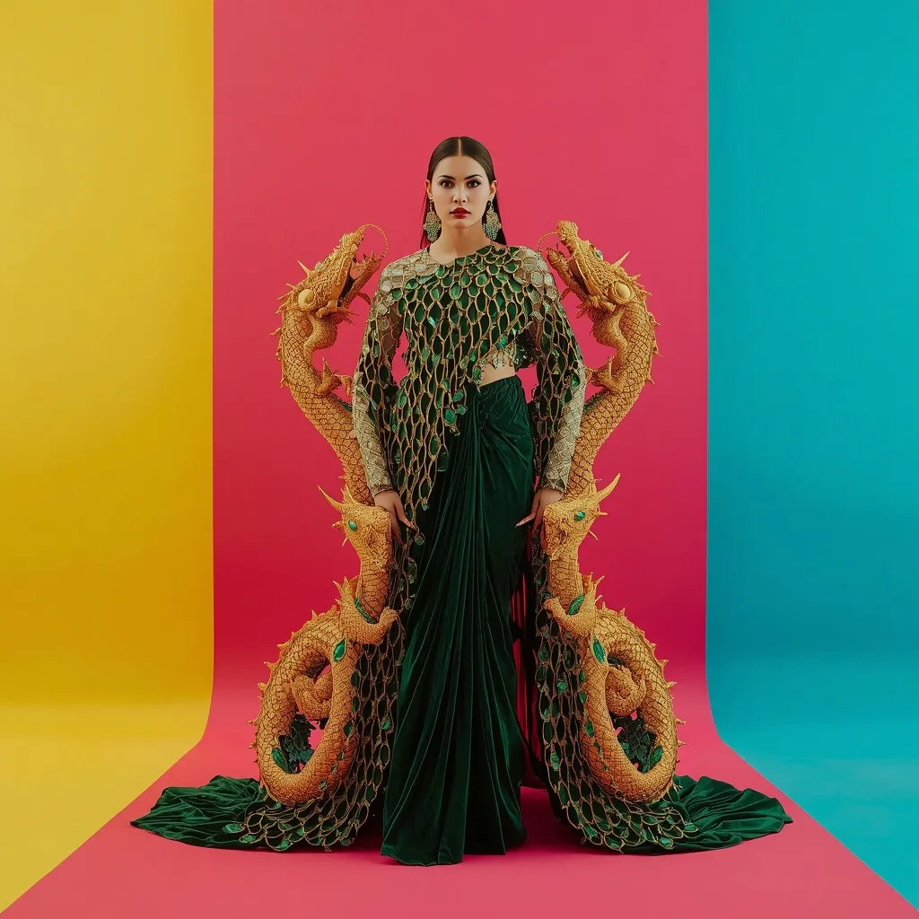 Architectural Gold Dragons Saree with Emerald Scales on Color Blocks