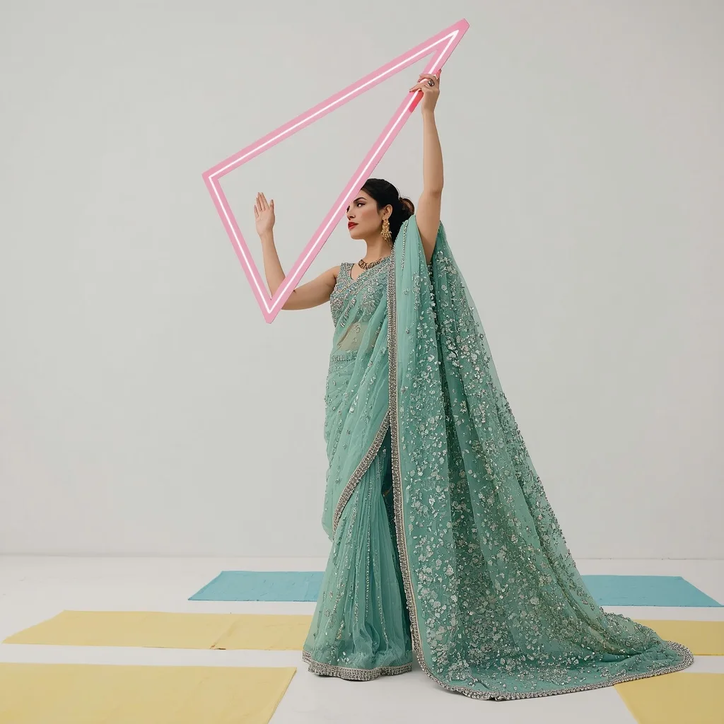 Crystal Aqua Saree with Metallic Wire and Neon Acrylic Triangle