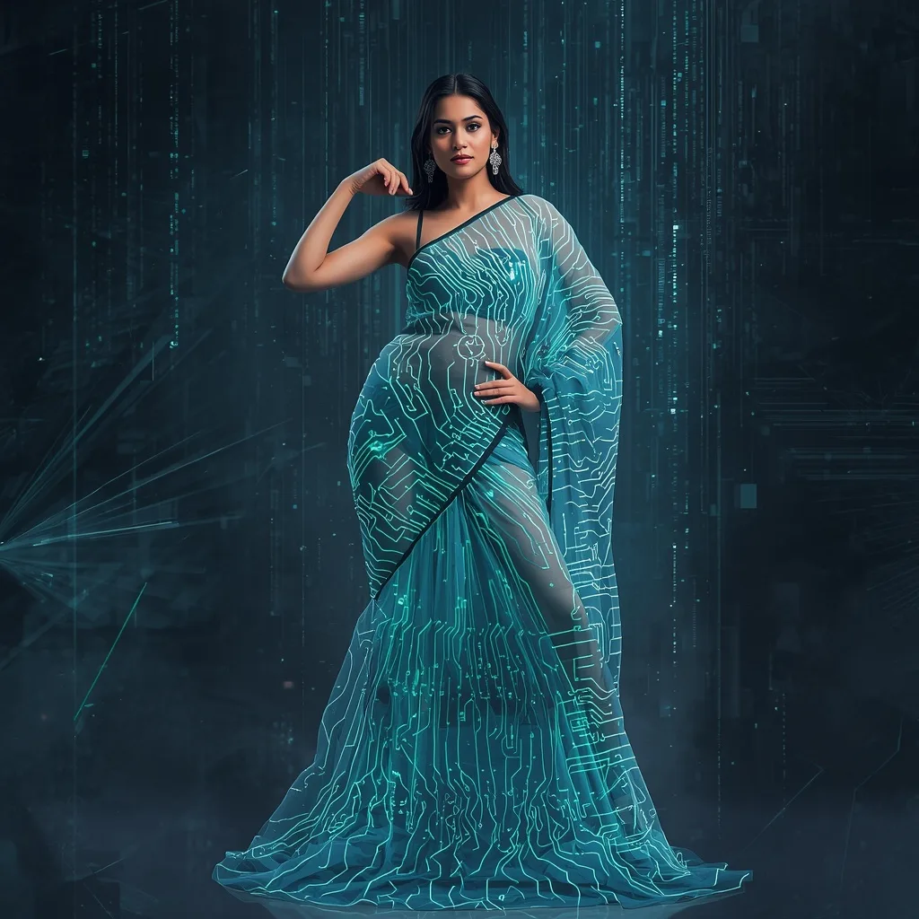 Female in Digital Circuitry Saree with Glitching Holographic Environment – Girls ChatGPT Image Diverse Aesthetics prompts