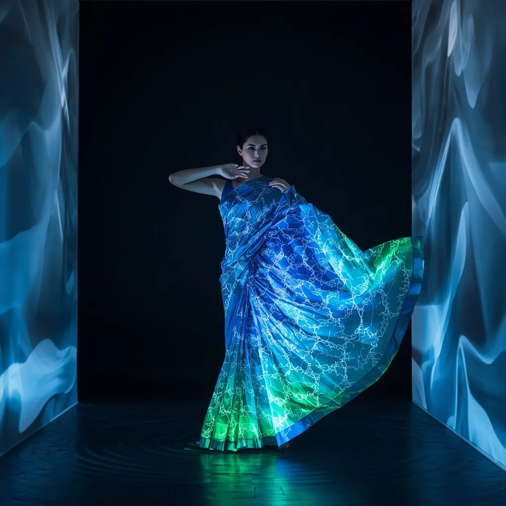 Female in Digital Wave Saree with Abstract Water Projections