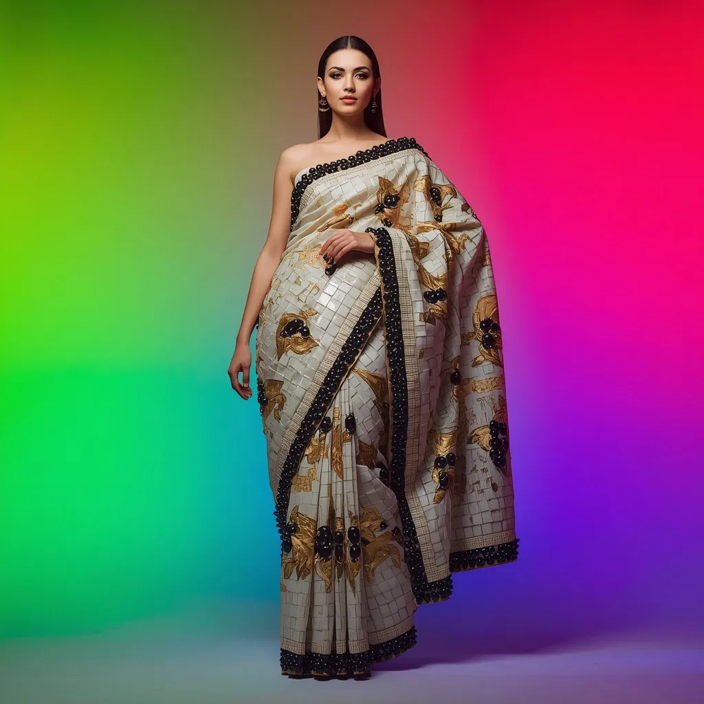 Sculpted Ceramic Mosaic Saree with Gold Leaf and Black Pearls – Girls ChatGPT Image Diverse Aesthetics prompts