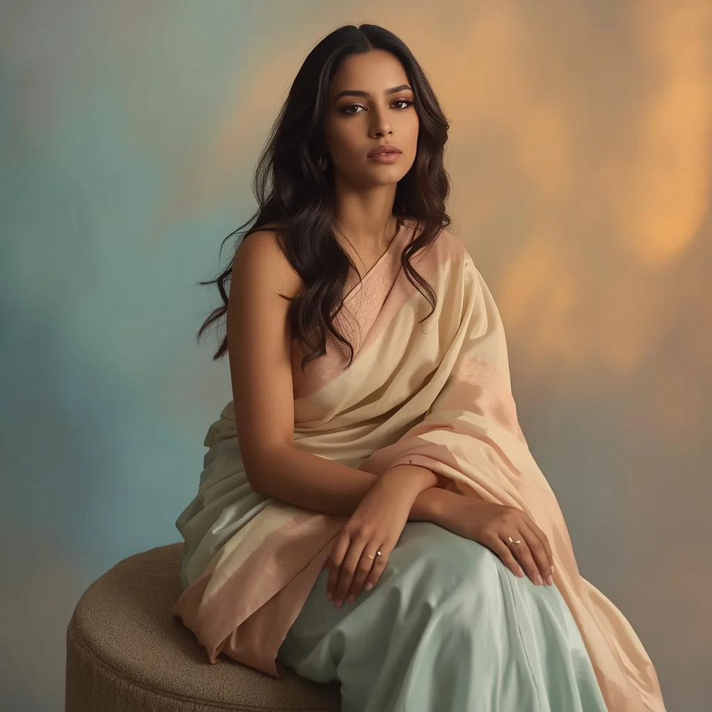 A Graceful Indian Woman Elegantly Seated in Pastel Silk | Graceful Indian Woman