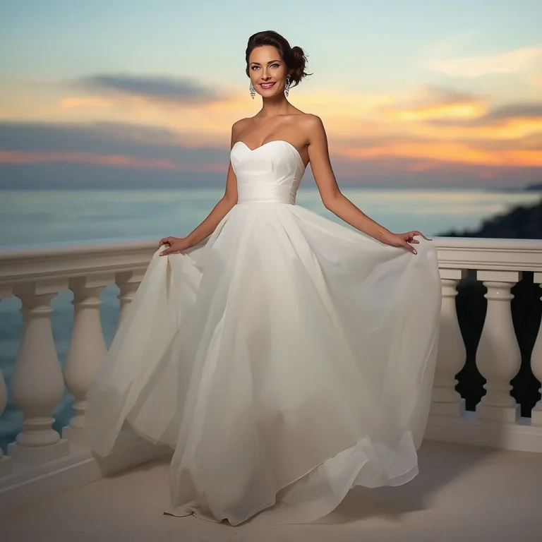 Classic Hollywood Strapless White Chiffon Gown on a Grand Balcony | Prompt seen trending girl 2026 Instagram