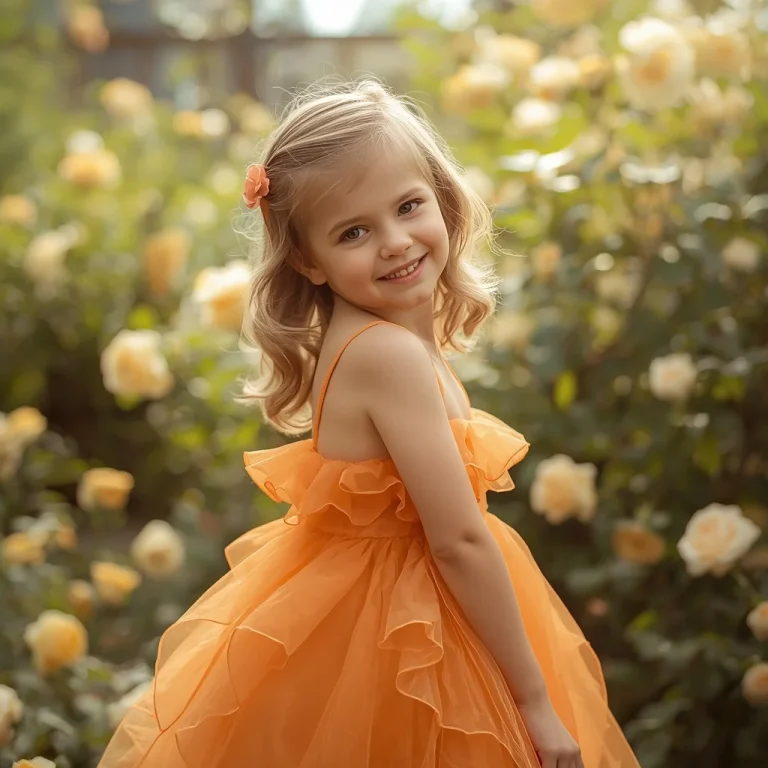 Cute Girl In Orange Chiffon Ruffle Party Dress | Whimsical Romantic Portrait
