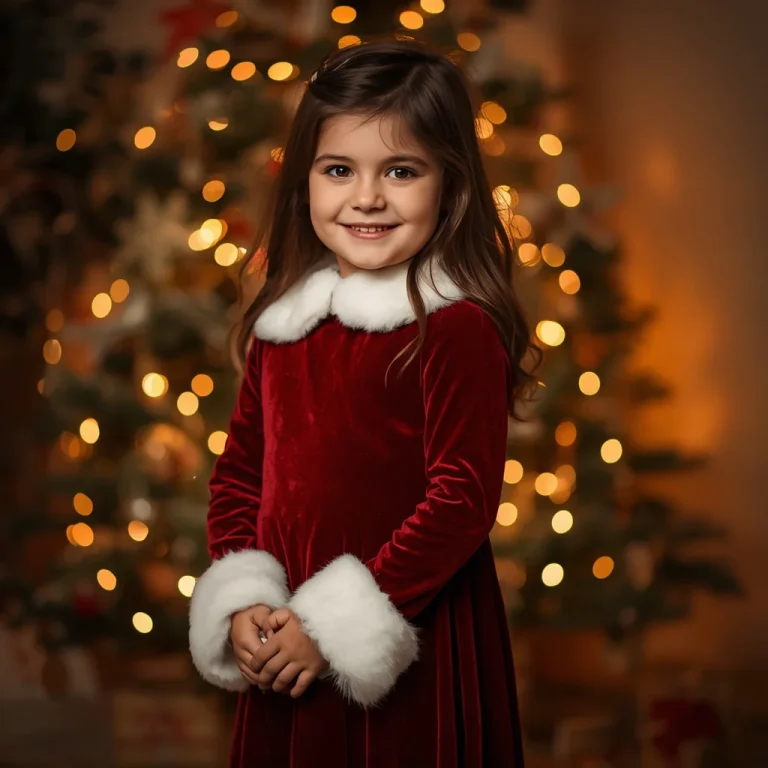 Cute Girl in Red Velvet Christmas Dress | Warm Festive Portrait