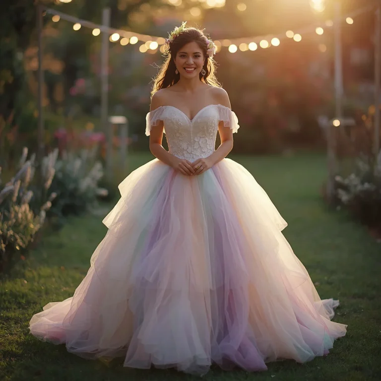 Ethereal Pastel Ombre Tulle Gown at an Outdoor Wedding | hd image prompt