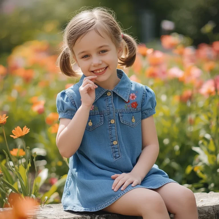 Girls’ Sweet Charm: Floral Embroidered Denim Dress | Photo Girls Prompt