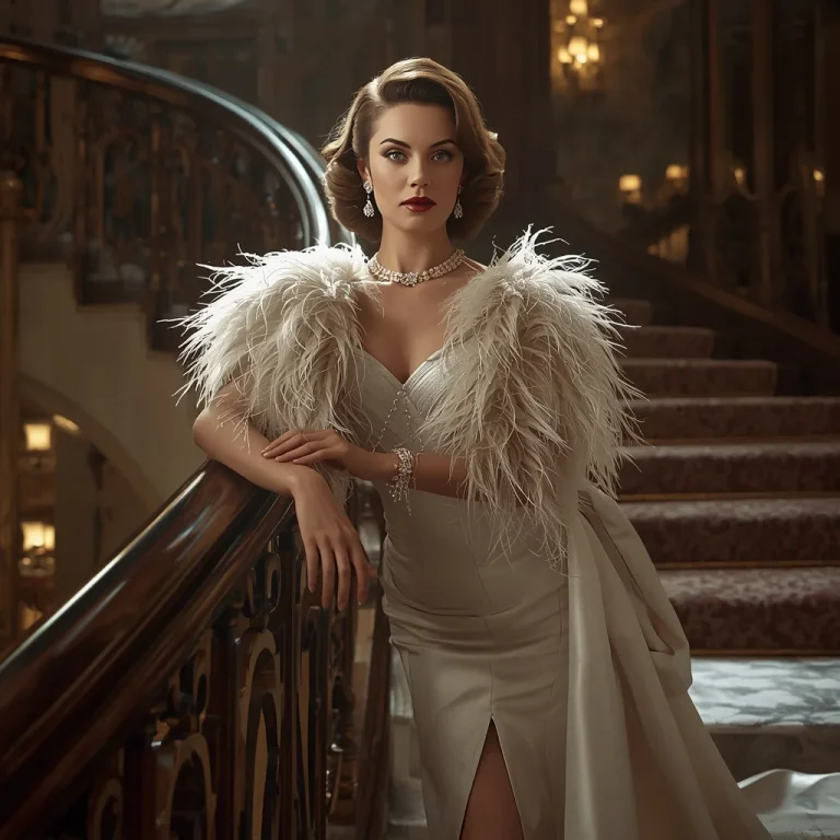 Hollywood Golden Age: Starlet in a Feather-Adorned Gown | cute ai prompt