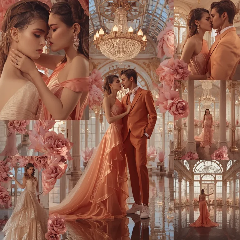 Imperial Crystal Palace Sunset Pastel Glam Couple Outfits | Indian couple prompt