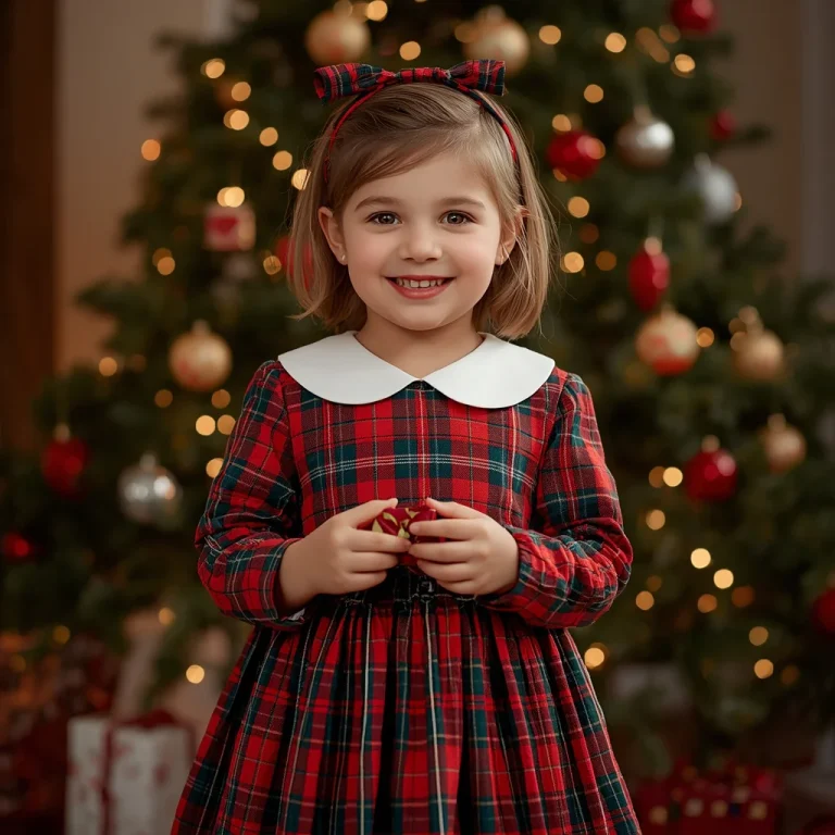 Little Girl’s Festive Tartan Dress for a Holiday Gathering | girl ai prompt