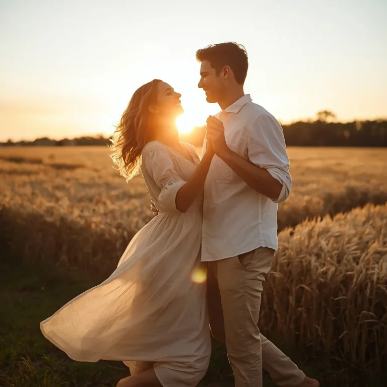 Romantic Couple Dancing In Golden Hour Field In Linen | ai image prompt