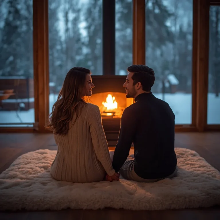 Romantic Couple In Cozy Snowy Cabin Glow | Romantic Couple Prompts