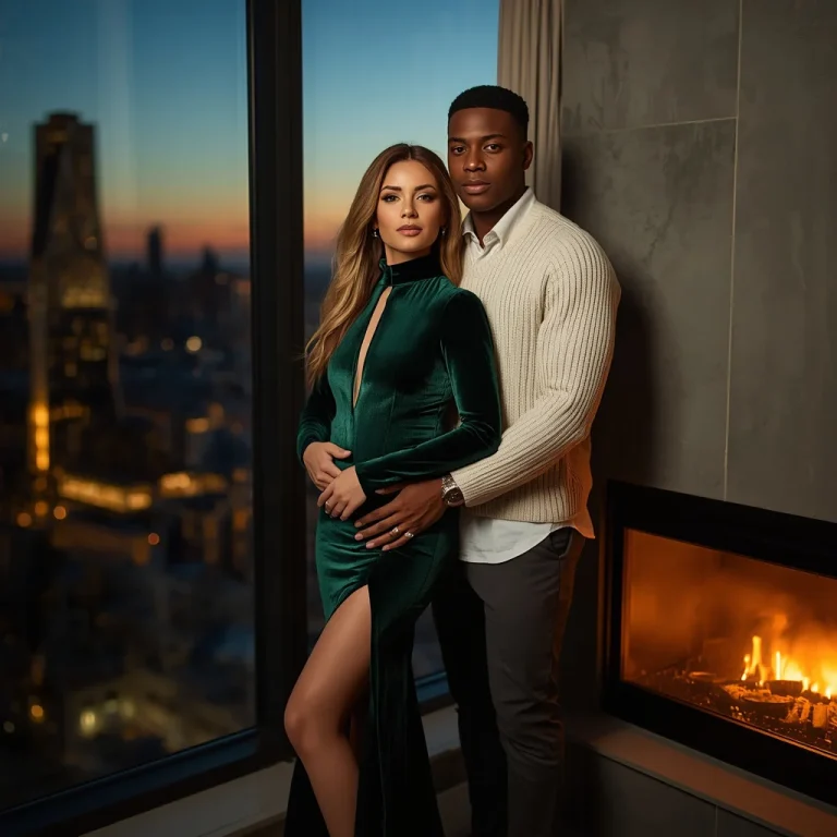 Romantic Couple In Elegant Attire Sunlit Luxury Penthouse Evening | Romantic Couple Prompts