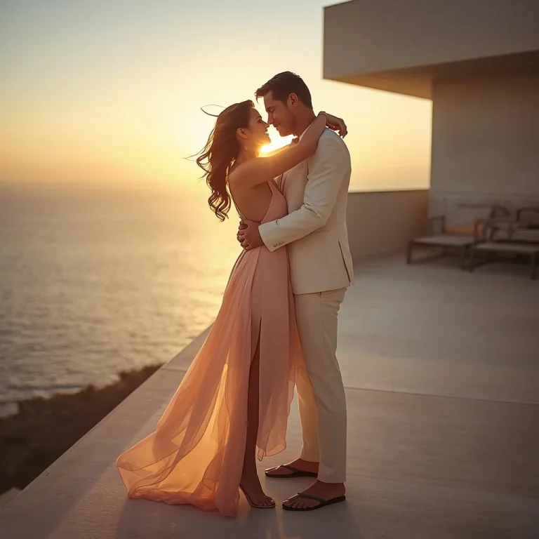 Romantic Couple In Golden Hour Coastal Glamour | Couple Dp Prompt