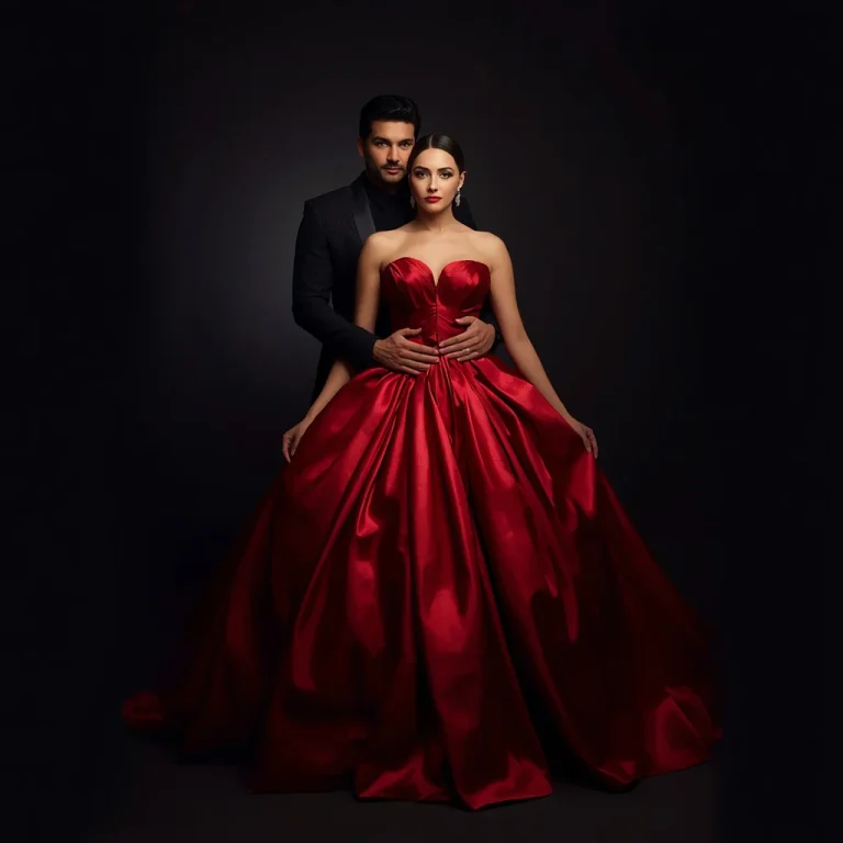 Romantic Couple in High Fashion Crimson and Black Evening Wear | Romantic Couple Captured
