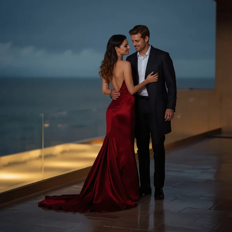 Romantic Couple In Sophisticated Outfits Twilight Ocean Terrace | Couple Photo Prompt