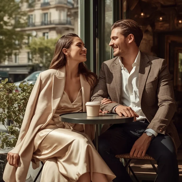 Sophisticated Couple In Tweed Blazer and Silk Slip Dress | Romantic couple AI prompt copy and paste Instagram