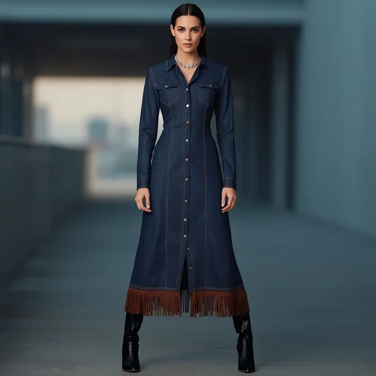 Sophisticated Western Denim Shirt Dress with Suede Fringe | ai art prompt